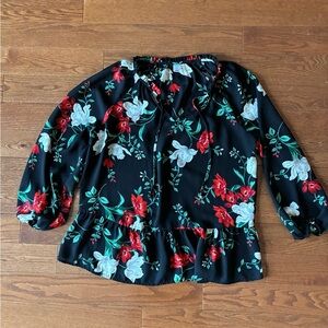 Old Navy Black Top with Red and White Floral Design